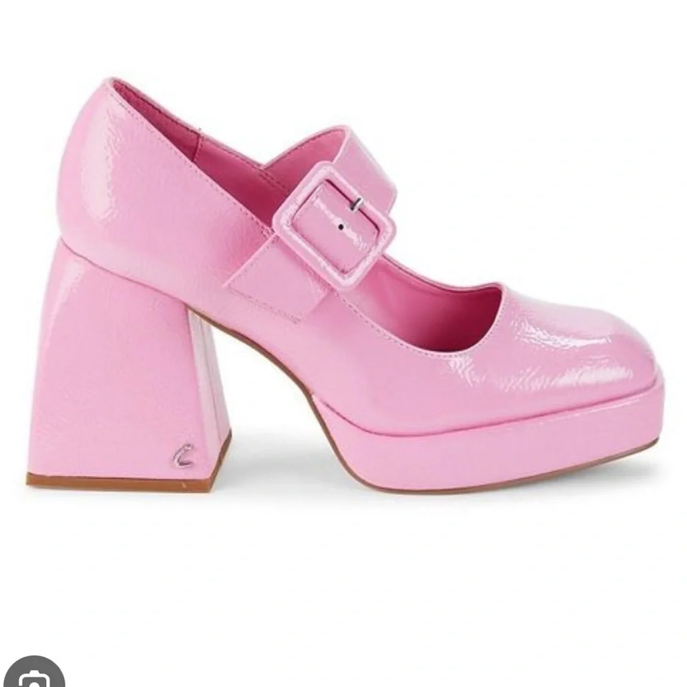 Mary Jane Khiara Shiny Textured Pink Platform Patent Leather Block Heeled Shoe
